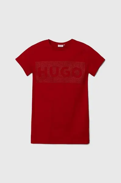 Dětské bavlněné šaty HUGO červená barva, mini