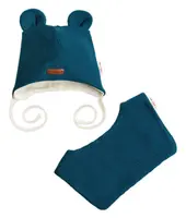 Baby Nellys Pletená čepice s šátkem 2v1, Teddy Hand made - petrolejová, 80/86