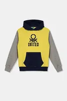 Dětská bavlněná mikina United Colors of Benetton žlutá barva, s kapucí, s potiskem, 3UNIC204R