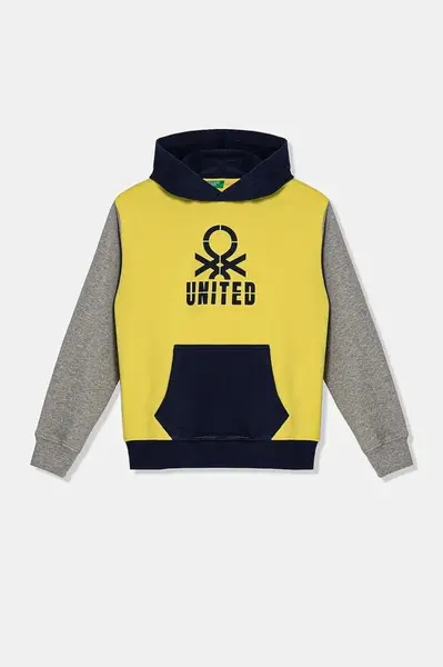 Dětská bavlněná mikina United Colors of Benetton žlutá barva, s kapucí, s potiskem, 3UNIC204R