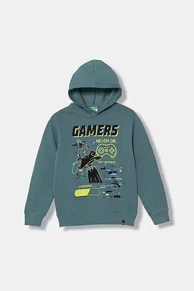 Dětská mikina United Colors of Benetton zelená barva, s kapucí, s potiskem, 3J73C205I