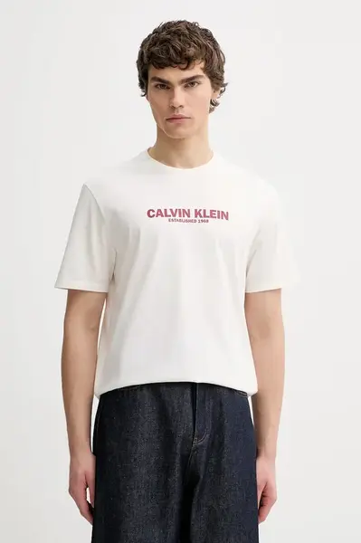 Bavlněné tričko Calvin Klein pánské, béžová barva, s potiskem, LV04RE820G