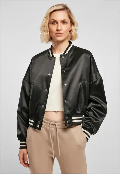 Women's short oversized satin College jacket black