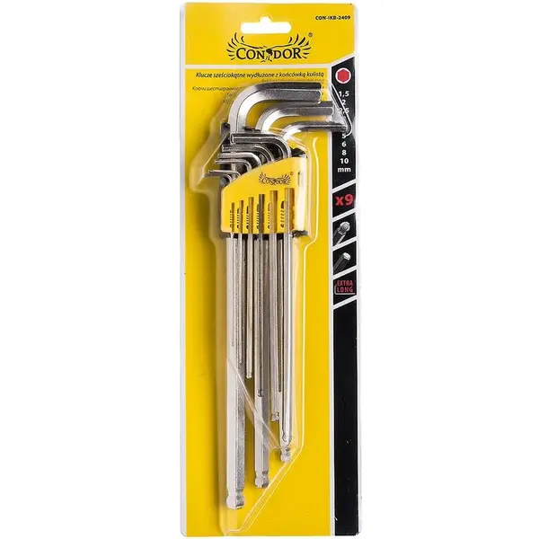 Imbusové kľúče s guľovou koncovkou, predlžené, 1,5-10 mm, 9 ks