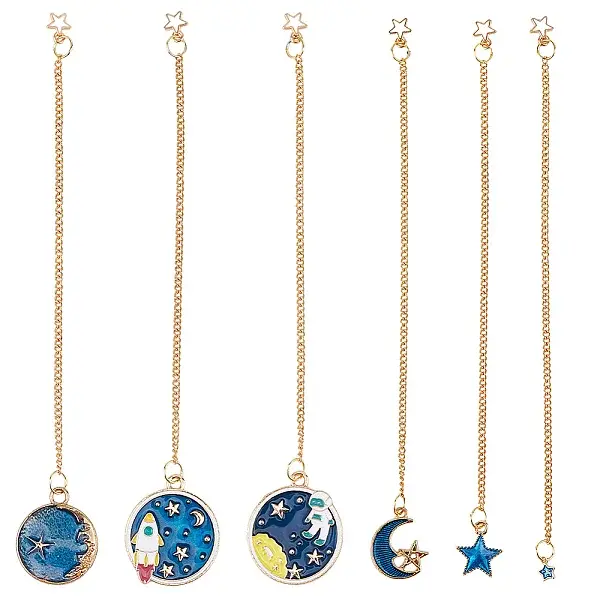 6Pcs 6 Styles Alloy & Brass Enamel Pendants Chain Bookmarks