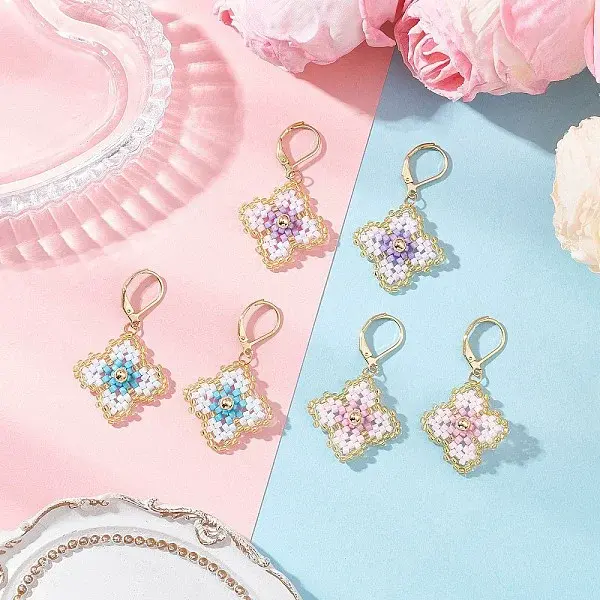 3 Pairs Handmade Glass Seed Beads Flower Leverback Earrings