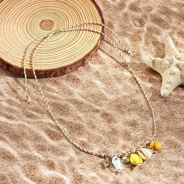 Summer Beach Porcelain Fish & Natural Cowrie Shell Pendant Cotton Cord Adjustable Necklaces