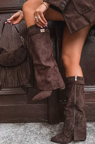 Boto Eko Semišové Čižmy Podpätok Blok Zips Zateplené Ohýbaný Zvršok Čokoládové Evyra