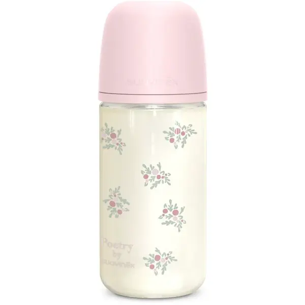 Suavinex Poetry SX Pro Physiological Glass M skleněná kojenecká láhev 3 m+ Medium Flow - Pink 240 ml