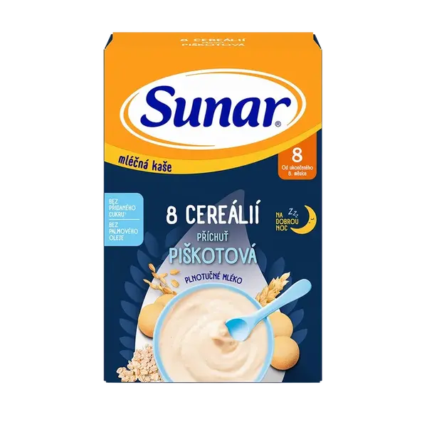 SUNAR mliečna kaša s 8 cereáliami na dobrú noc piškótová 210 g