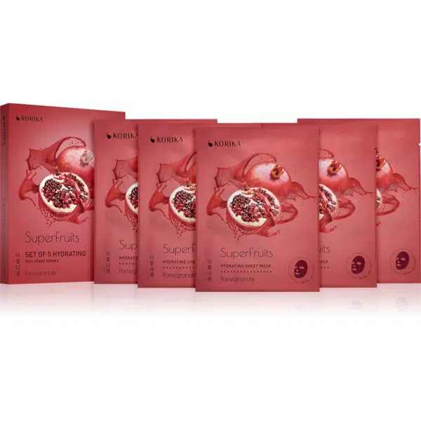 KORIKA SuperFruits Pomegranate - Set of 5 Hydrating Face Sheet Masks set pleťových masiek za zvýhodnenú cenu s hydratačným účinkom Pomegranate