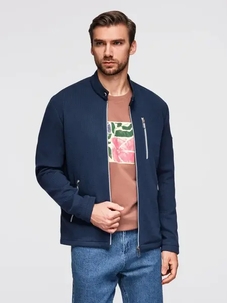 Ombre Structured men's biker jacket with stand-up collar - dark blue