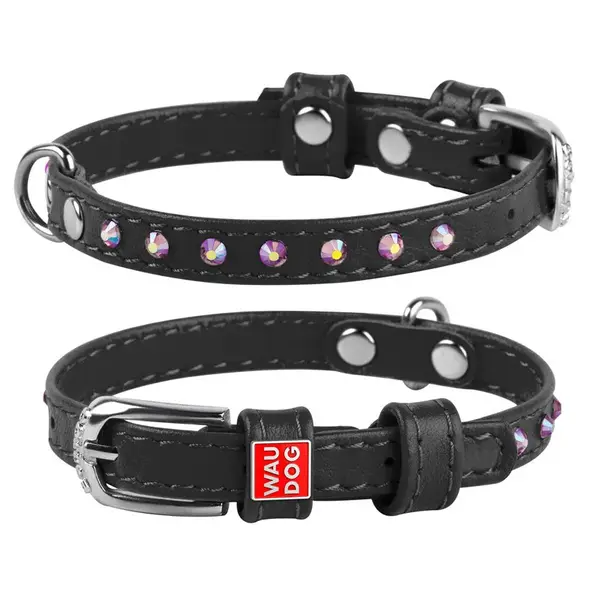 Plochý kožený obojok čiernej farby s kryštálmi, Obvod krku: 27-36 cm, širka: 15 mm