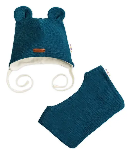 Pletená čiapka s bavlnenou podšívkou a šatkou 2v1, Teddy Hand made - petrolejová
