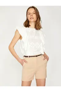 Koton Women's Ecru Normal Waist Shorts with Pocket Detail
