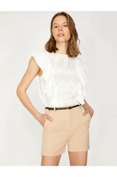 Koton Women's Ecru Normal Waist Shorts with Pocket Detail