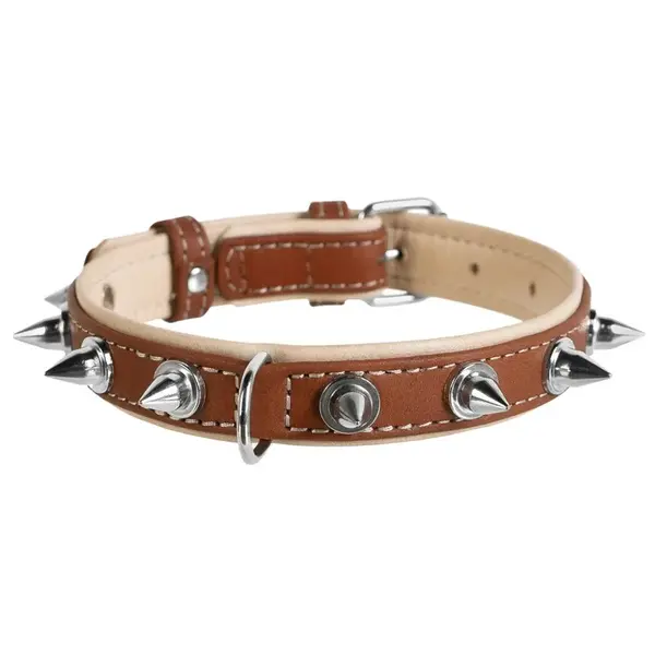 Plochý kožený obojok Soft s ostňami hnedo béžový, Obvod krku: dĺžka: 46 - 60 cm, širka: 35 mm