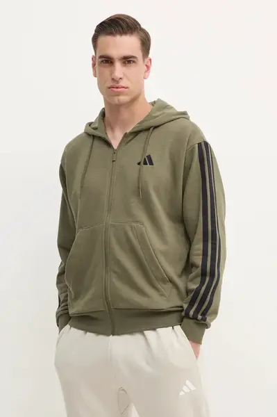 Mikina adidas Essentials pánská, zelená barva, s kapucí, vzorovaná, JD1875