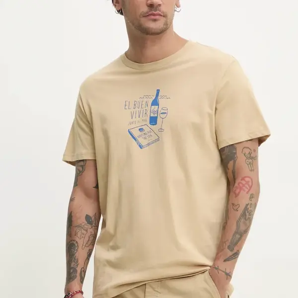 Bavlněné tričko Solid ODELL béžová barva, s potiskem, 21108509.160920