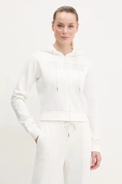 Bavlněná mikina Guess PRIMULA dámská, bílá barva, s kapucí, s aplikací, V5GQ10 KCRP0