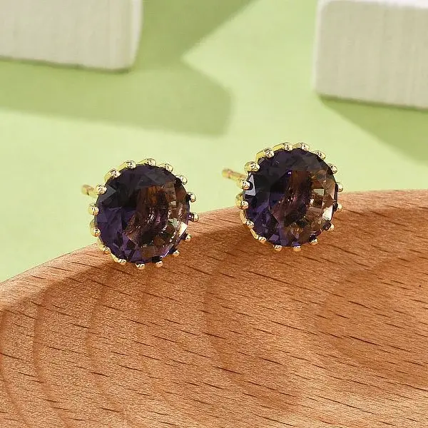 Flat Round Brass Glass Stud Earrings