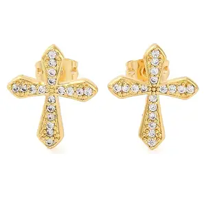 Rack Plating Cross Brass Pave Clear Cubic Zirconia Stud Earrings