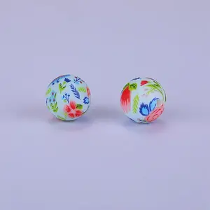 Printed Round with Flower Pattern Silicone Focal Beads