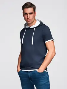 Ombre Men's cotton t-shirt with hood - navy blue