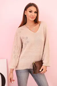 Kesi Włoski Dámský svetr z mohéru volného střihu s výstřihem do V béžový