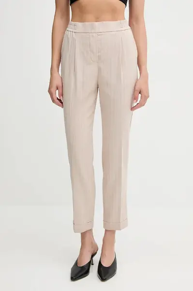 Kalhoty s příměsí lnu United Colors of Benetton dámské, béžová barva, střih cigarette, high waist, 49KBDF090