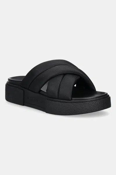 Pantofle Tommy Jeans FLATFORM SANDAL dámské, černá barva, na platformě, EN0EN02775