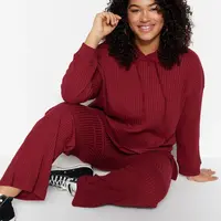 Trendyol Curve Claret Red Hooded Collar Relaxed Fit Knitted Camisole Plus Size Top-Bottom Set