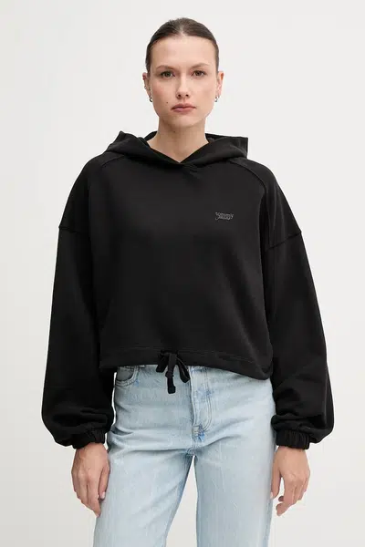 Bavlněná mikina Tommy Jeans dámská, černá barva, s kapucí, hladká, DW0DW20314
