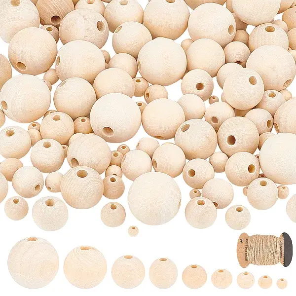 180Pcs 9 Sizes Round Natural Unfinished Wood Beads
