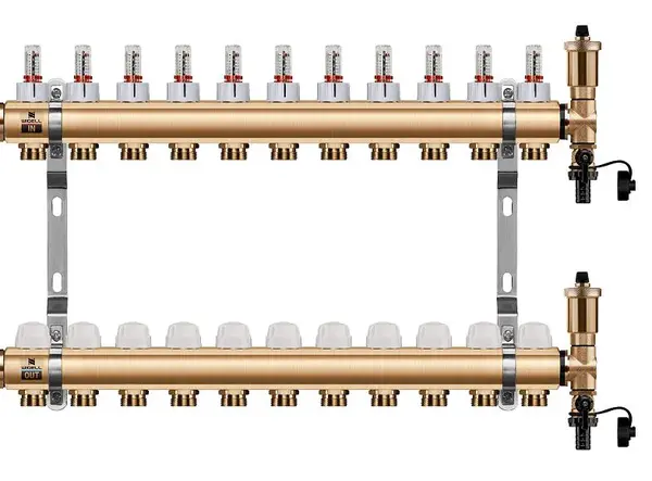 Wigell Podlahový rozdělovač WIGELL, 11 okruhů, mosazný + automatické odvzdušňování