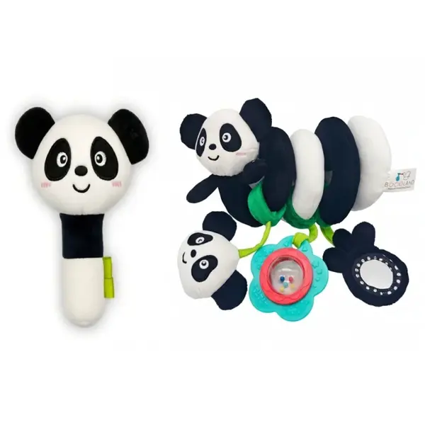 BocioLand Plyšová senzorická spirála + plyšové pískátko Panda - černá, bílá