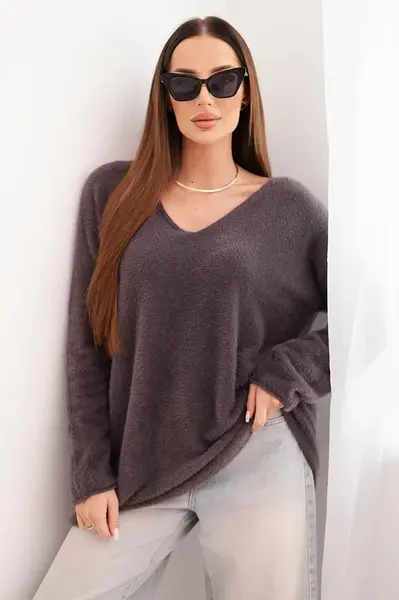 Kesi Włoski Dámský svetr hnědý z vlny s výstřihem do V hnědý