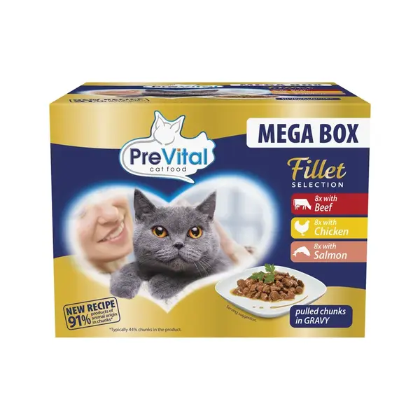 PreVital Fillet Selection kapsičky, výběr krmiva pro kočky - hovězí, kuřecí, losos v omáčce 24 x 85 g