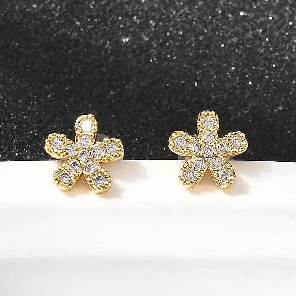 Flower Brass Micro Pave Clear Cubic Zirconia Stud Earrings