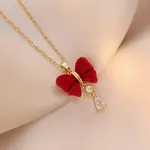 Christmas 304 Stainless Steel Rhinestone and Flocking Fabric Bowknot Pendant Necklaces for Women