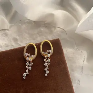 Oval Brass Micro Pave Clear Cubic Zirconia Dangle Stud Earrings