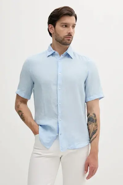 Lněná košile BOSS Orange pánská, modrá barva, regular, s klasickým límcem, 50537382