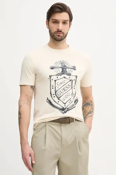 Bavlněné tričko Guess béžová barva, s potiskem, M5GI72 KBW41