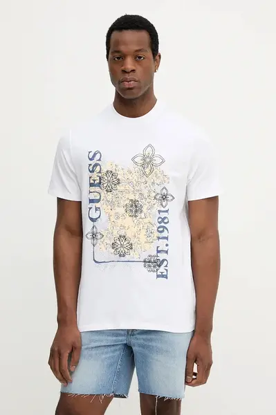 Bavlněné tričko Guess pánské, bílá barva, s potiskem, M5YI12 I3Z14