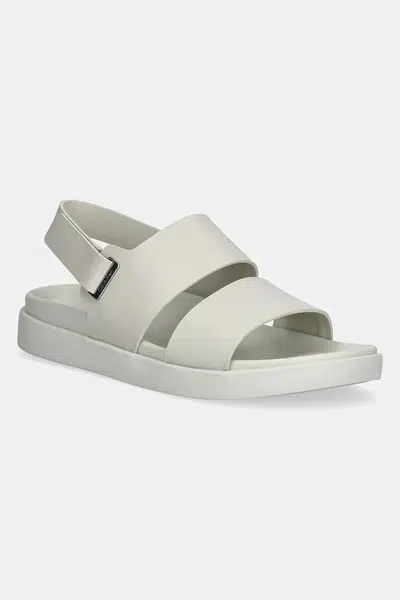 Kožené sandály Calvin Klein FLAT ADJ SANDAL EYELET dámské, béžová barva, HW0HW02488