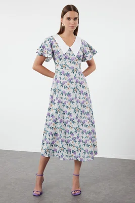 Trendyol Purple Floral Patterned Collar Detailed Midi Woven Dress