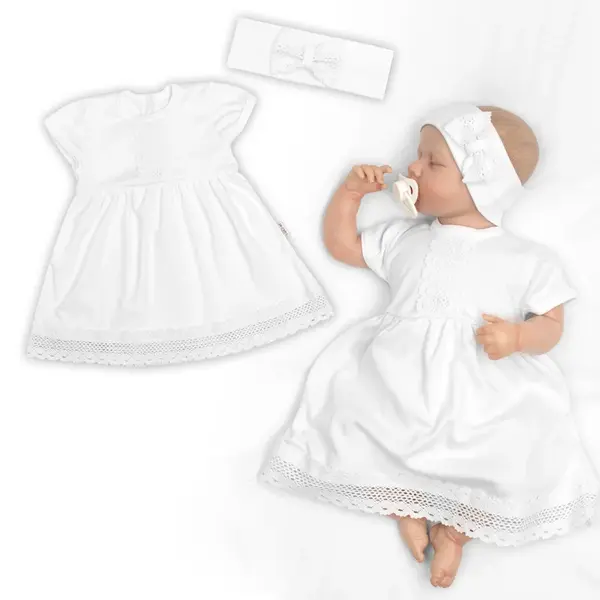 Luxusné šatôčky s čipkou SOFIA, krátkym rukávom + čelenka,2D sada, biele. veľ. 68/74