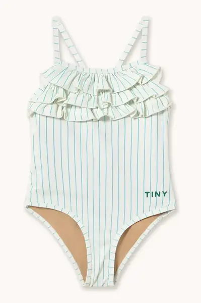 Tinycottons Jednodílné dětské plavky Tinycottons CYAN FINE STRIPES SWIMSUIT