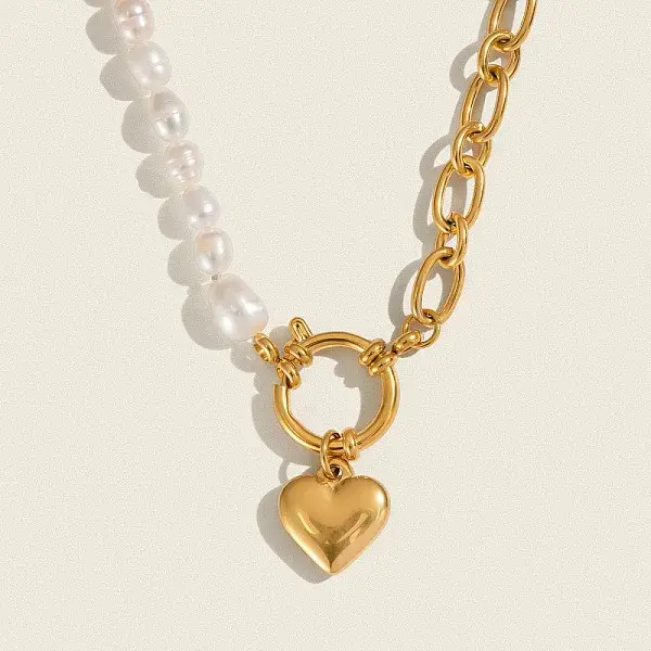 Elegant Natural Freshwater Pearl Beaded Stainless Steel Heart Pendant Necklaces for Women