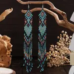 Bohemian Handmade Glass Seed Beads Rhombus Long Tassel Dangle Earrings